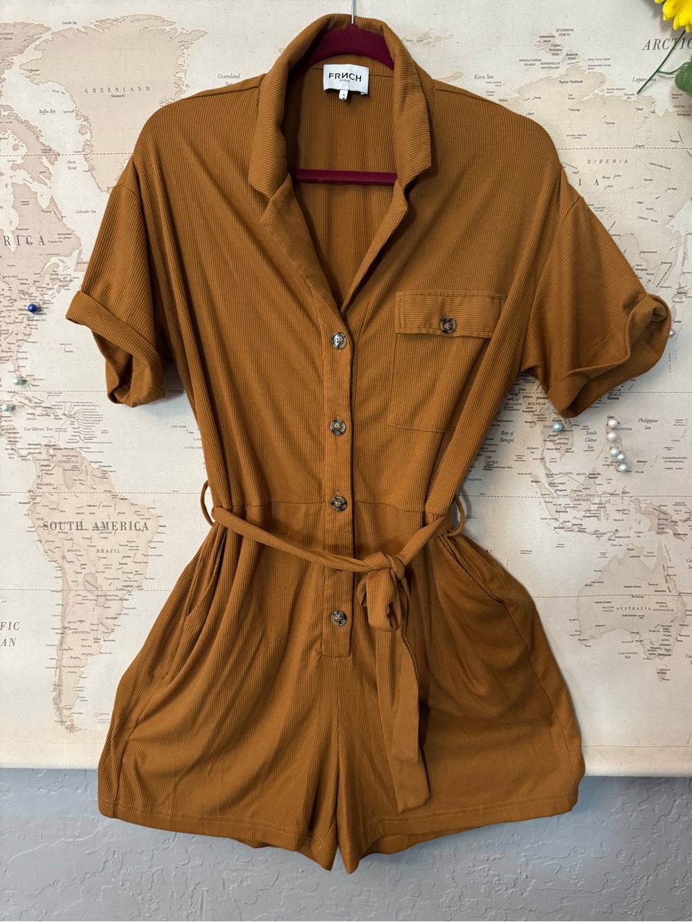 FRNCH Tan-Brown Short Sleeve Button Romper with Self-Tie Waist